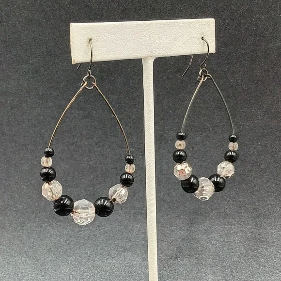 Pierced Earrings Gun Metal Gray Teardrop Wire Loop Acrylic Beaded Dangle 2" - Picture 7 of 10